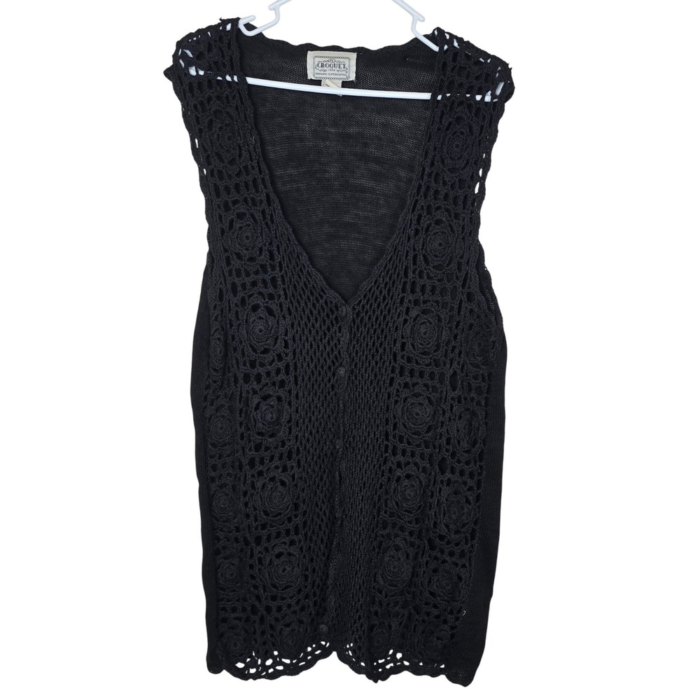 VTG Croquet‎ Club Black Crochet Knit Sweater Vest Floral Ramie Cotton Large Boho